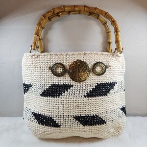 Tote It Straw Woven Tote Bag | NWT | Bamboo Handle Black Leaf Pattern Purse